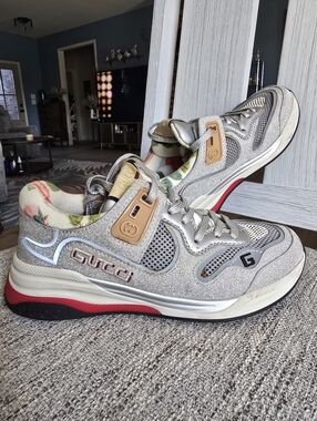 Authentic Gucci Silver Glitter & Red Accent Rhyton Sneakers